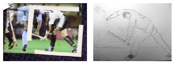 A photo of a hockey player, with a student's drawing, based on the photo, next to it