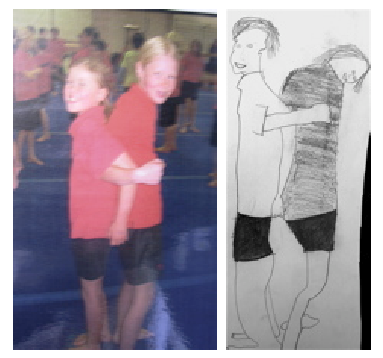 A photo of gymnasts with a student's drawing, based on the photo, next to it