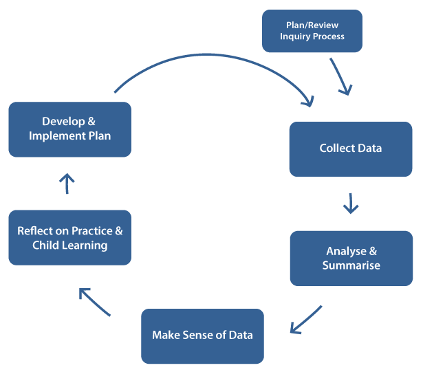 This cycle starts with Plan/Review Inquiry Process, and moves through Collect Data, Analyse and Summarise, Make Sense of Data, Reflection, Develop and Implement plan and then loops back to Collect Data