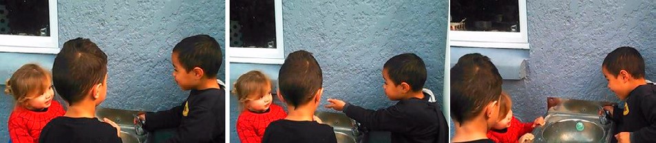 This is three photos of three children standing and interacting around an outside wash basin