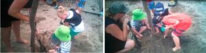 This is two photos of a teacher and several children playing in a sandpit