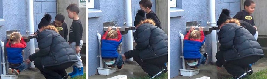 This is three photos of a teacher and several children gathered around an outdoor wash basin