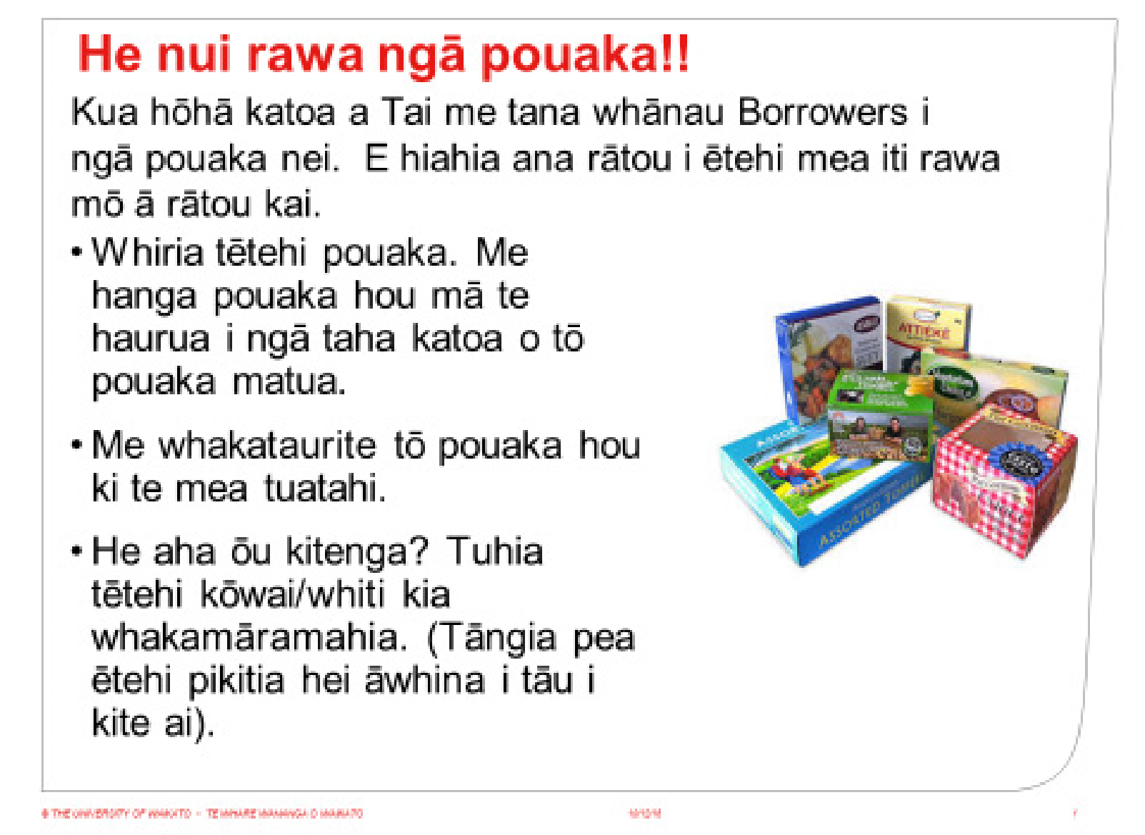 A photo of boxes (ngā pouaka) accompanied by Māori text