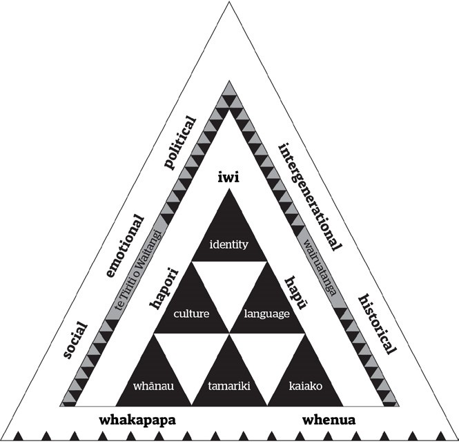 This is a triangle shaped diagram. There are many components in the diagram. One side is labelled social, emotional and political. Another is labelled intergenerational and historical. Another side is labelled whakapapa and whenua.