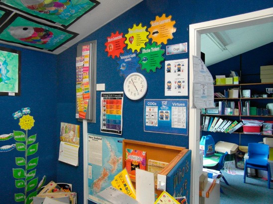 This is a picture of a classroom wall. Above a wall clock are 5 cogs in various colours with a picture and some writing on each of them