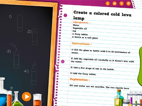 This is a screenshot of an app. Written on an exercise book (depicted in the app) is "Create a coloured cold lave lamp" accompanied by some graphics and instructions