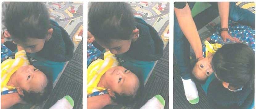 This is three photos of a young boy leaning over a baby. The baby is looking up a the boy