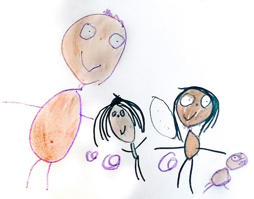 This is a child's drawing of four people. Three of them may be children and one of them an adult.