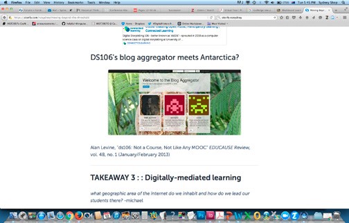 This is a picture of a website displaying on a computer screen. The heading on the website page reads "DS106's blog aggregator meets Antarctica?" and there's an indeterminant picture below this heading