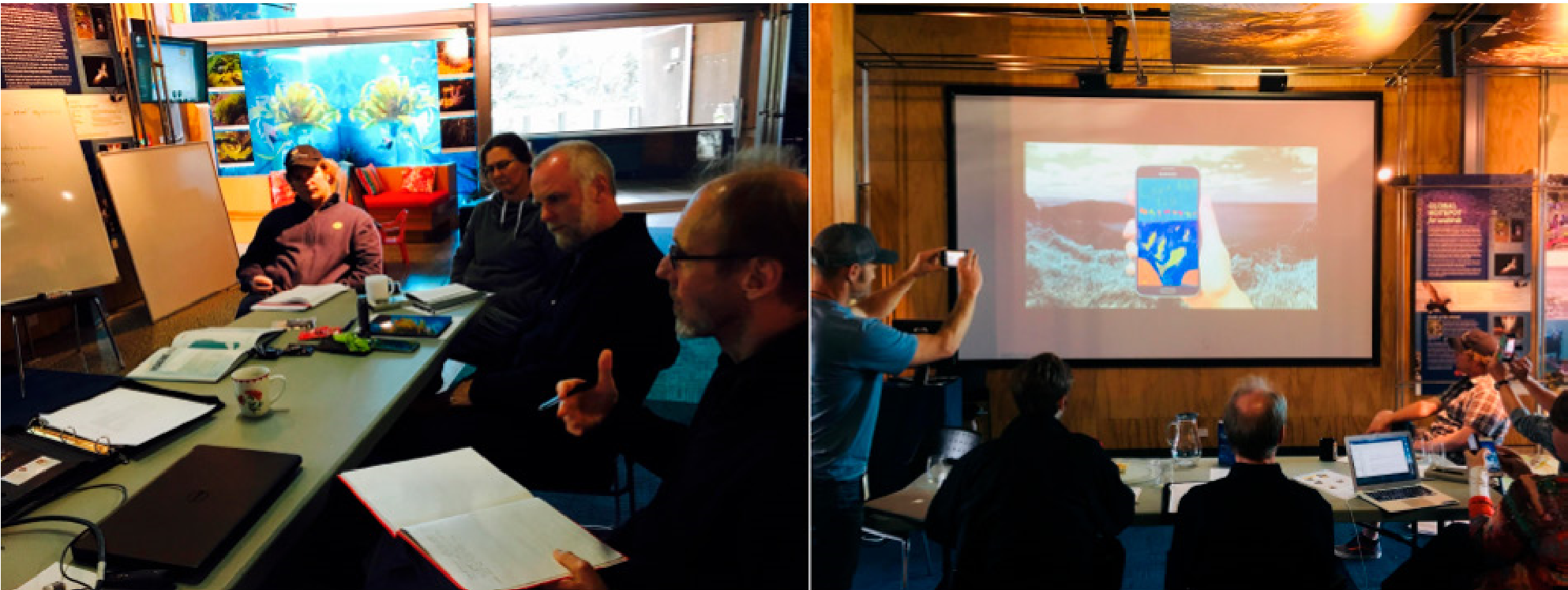 The first photo shows four people sitting around a table and the second photo shows several people looking at an image on a projector screen