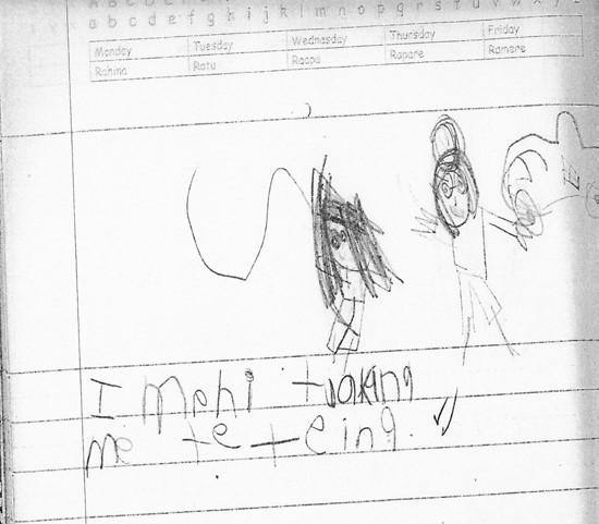 This is a child's picture and writing (in te reo Māori) on their experience with hangarua akoranga whakawhiti