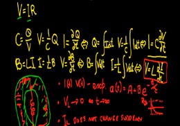 Some equations, written in yellow and red, on a black background