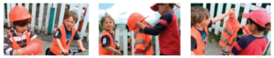 This is several photos of two children wearing hard hats and high vis vests