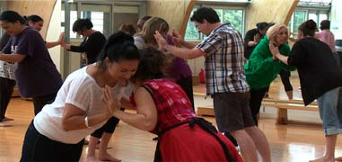 A photo of about twenty people in a hall during that dance workshop session