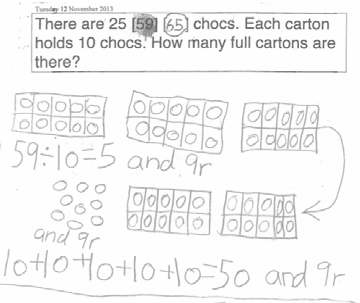 A child's workings on solving a question about chocolates