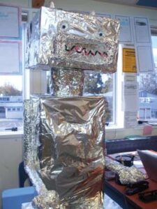 A photo of the tinfoil robot