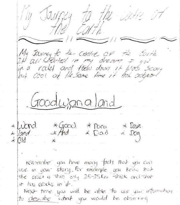 An example of Dan's writing on the journey to the centre of the earth and Gondwanaland