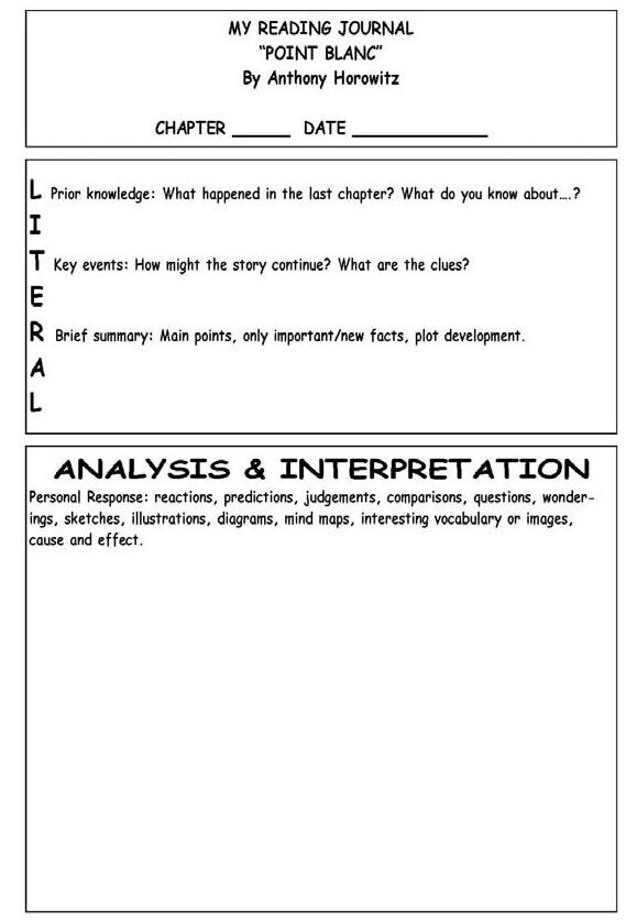 An image showing an analysis task sheet for the book "Point Blanc" by Anthony Horowitz