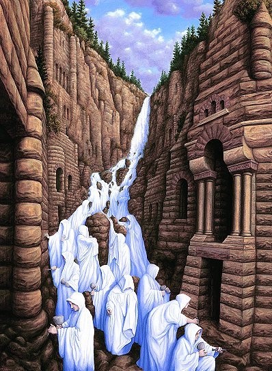 This is an image of a waterfall turning into priests dressed in white outside a gap between ancient buildings