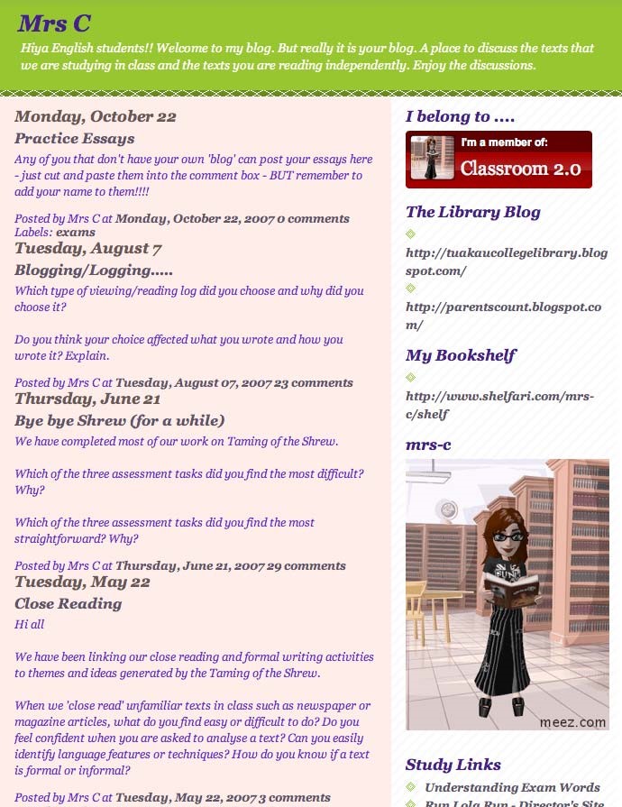 This is a screen shot of a teachers blog posts on plays and books