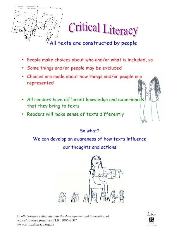 A student poster, noting that all texts are constructed by people and that we can develop an awareness of how texts can influence our thoughts and actions (amongst other things)