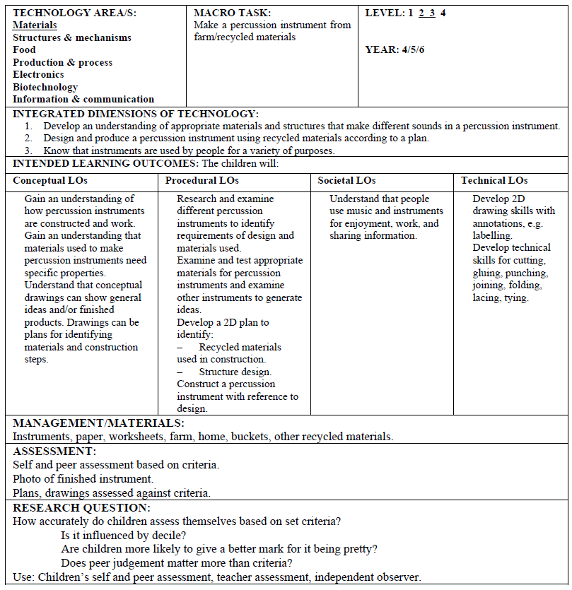 A teacher's detailed outcomes worksheet