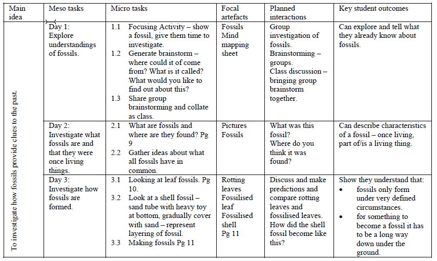 The tasks plan for the fossils exercise