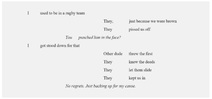 The poem here reads: Iused to be in a rugby team They, just because we were brown They pissed us off You punched him in the face? I got stood down for that Other dude threw the first They knew the deeds They let them slide They kept us in No regrets. Just backing up for my cause.