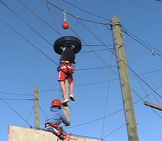 A picture of children climbing high ropes on a confidence course