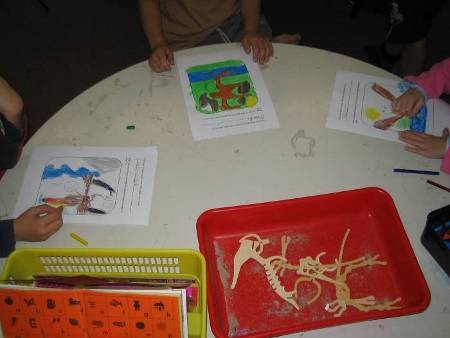 Students sitting around a table drawing pterodactyls