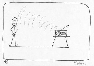 A stick drawing of a person standing near a radio with sound waves travelling through the air