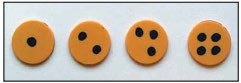 This is a picture of four yellow disks. One side of the disk has either one, two, three or four dots. The other side of the disk is blank