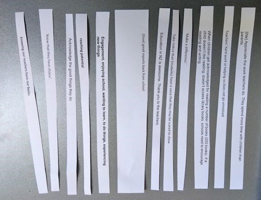 This is a picture of strips of paper - on each strip there are various thoughts, or observations, about learning experiences