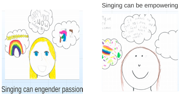 This is two children's drawings. The first one is accompanied by the text "Singing can engender passion". The second one reads "Singing can be empowering"