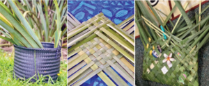 There are three separate photos in this picture. On the left is picture of gathered harakeke leaves, in the middle is a partial completed weaving, and on the right is the finished kete