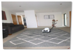 The picture shows a large rug with a vacuum cleaner in the mid field and a child in the distance