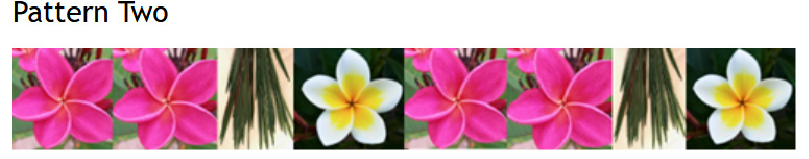 This is patten 2. It's the same as patten 1 (two pink flowers in positions 1 and 2. Position 3 are green leaves that look like pine needles. Position 4 is a white and yellow flower) but is repeated twice