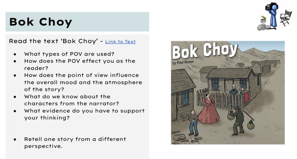 The caption is "Bok Choy" and asks students to think about the points of view used in the book