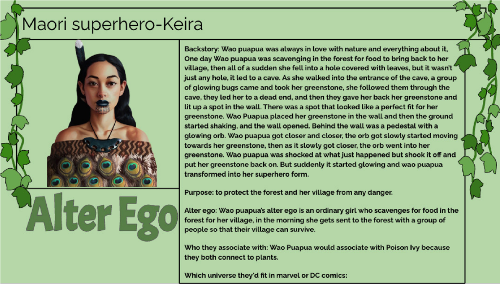 This has details of the Māori super hero create by Keira. It details the backstory, purpose, alter ego, associations and whether the character fits into the Marvel or DC world