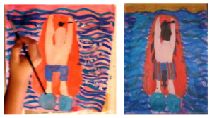 Two paintings of someone boogie boarding