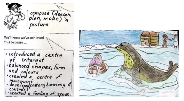 Photos of a student's planning and objective notes next to a finished drawing of seals on a beach